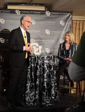 Mark Kennedy, finalist for CU president, and Board of Regents Chair Sue Sharkey at Monday's forum.