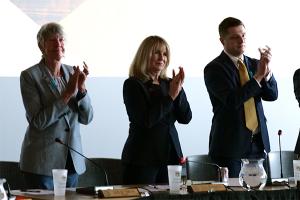 Regents Smith, Sharkey and Kroll applaud newly elected President Todd Saliman