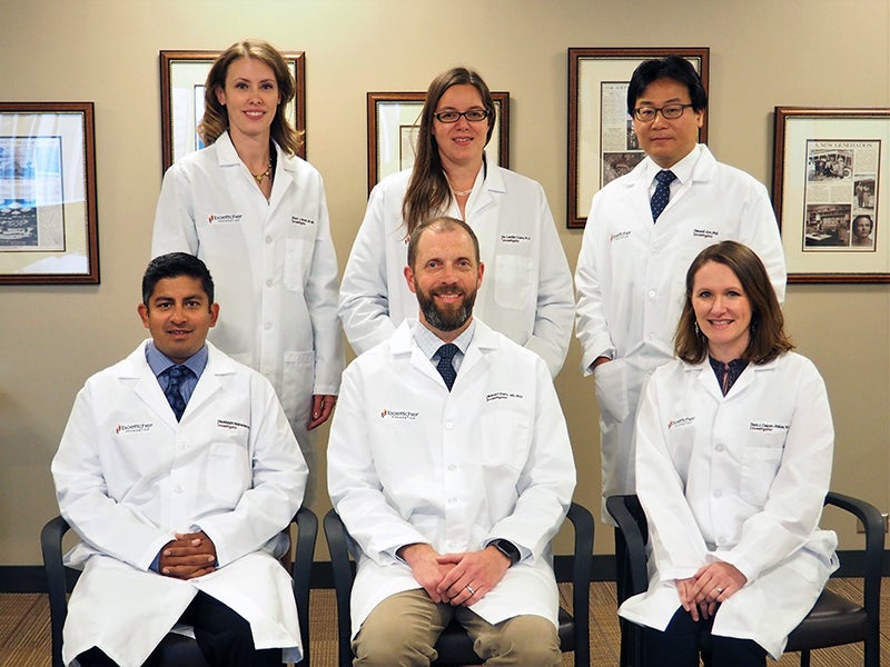 The 2019 Class of Boettcher Investigators includes, rear from left, Kara Mould, M. Cecilia Caino and Seonil Kim; front from left, Neelanjan Mukherjee, Robert Dietz and Tara Cepon Robins. Not pictured: Kelly Sullivan.