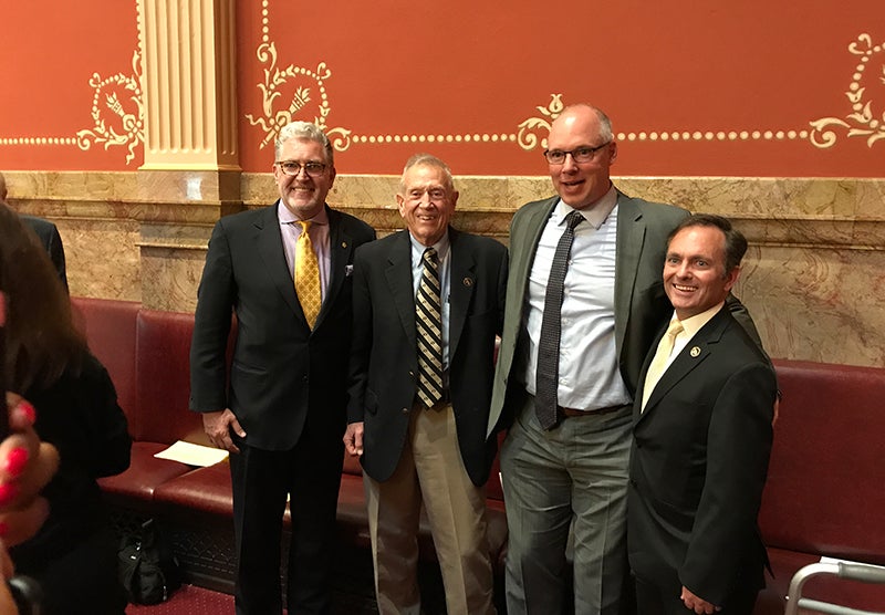 State Sen. Kevin Priola led an effort to recognize Regents Kyle Hybl and Stephen Ludwig and Regent Emeritus Steve Bosley. From left: Ludwig, Bosley, Priola and Hybl on Tuesday at the Capitol.
