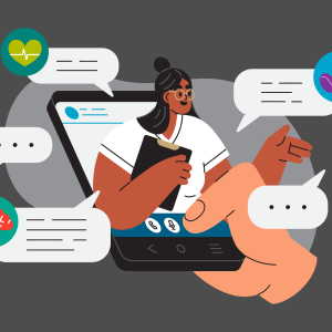 Graphic depicting person emerging from cellphone