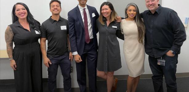 Speakers at the recent entrepreneurship workshop, from left, Amy Sweeting, Roberto Meza, CU Denver’s Anthony Graves, Marie Peters, Jessica Acosta and CU Denver’s Dan Griner.