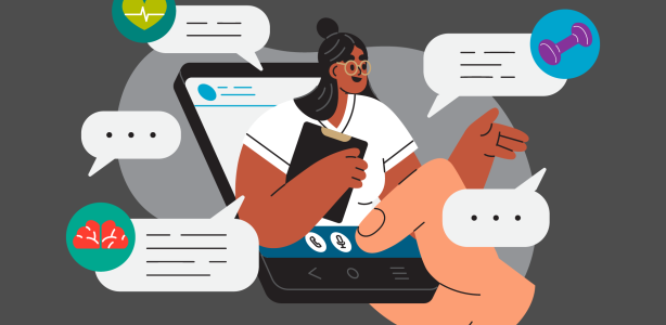 Graphic depicting person emerging from cellphone