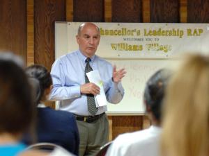 Phil DiStefano talks with students who are part of the Chancellor's Leadership Residential Academic Program.
