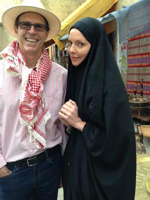 Eric Jewett with actor Katherine Heigl on the set of “State of Affairs.” Heigl’s character, a CIA officer, wore a headscarf to disguise herself on a Yemeni street.