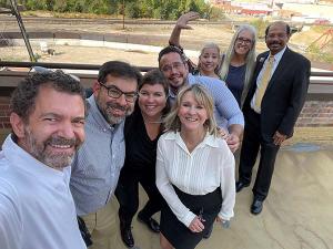 From left, President Saliman, VP for Communications Michael Sandler, Tanya Kelly-Bowry, Regent Sue Sharkey, Action 22 consultant Micah Espinoza, Action 22 Executive Director Sara Blackhurst, Regent Callie Rennison and UCCS Chancellor Venkat Reddy.