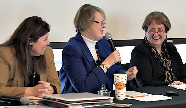 Tanya Kelly-Bowry, left, Patricia Rankin and Pam Shockley-Zalabak share smiles during a panel discussion at CU Women Succeeding