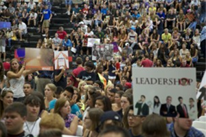 Many students sat with their Freshman Seminar sections marked with brightly colored signs