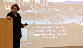 Chancellor Pam Shockley-Zalabak explains details of Program Prioritization during a Dec. 10 forum.