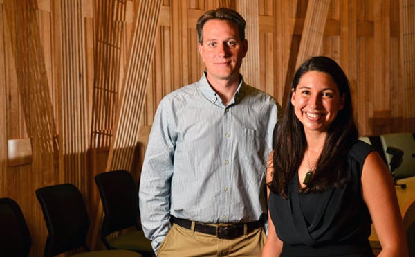 Jared Brown, PhD, and Zaneta Thayer, PhD, both recently joined the faculty at the University of Colorado Denver | Anschutz Medical Campus. They are photographed inside the Fulginiti Pavilion on the Anschutz Medical Campus. (Photo: Casey Cass/University of Colorado).